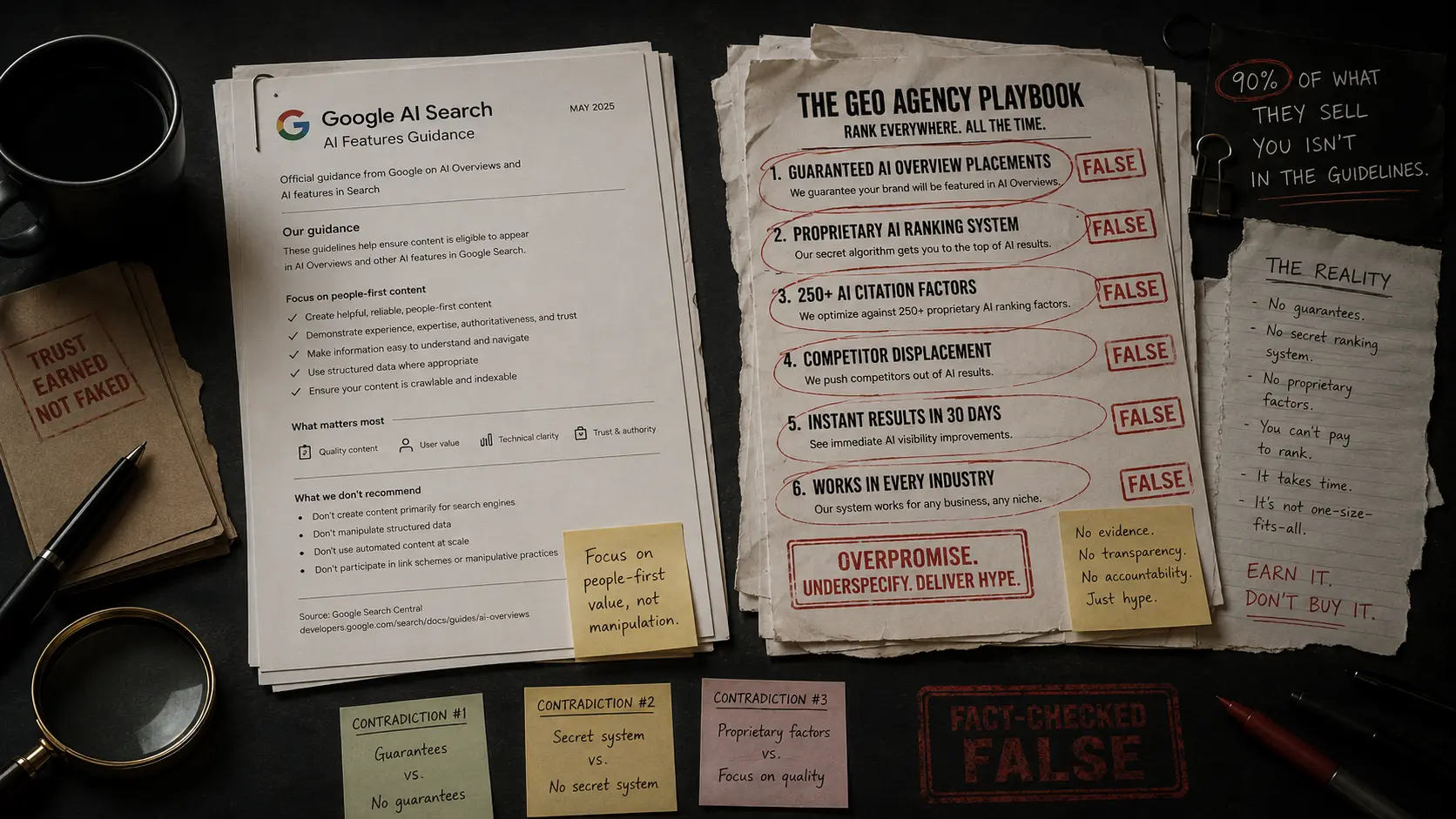 Contrasting view of Google official AI optimization documentation versus GEO agency marketing claims