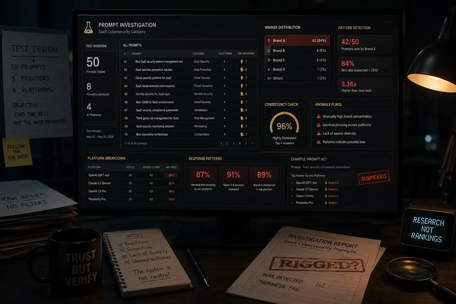 Dark editorial visualization of 50 SaaS cybersecurity prompt test results across ChatGPT Gemini and Perplexity AI models